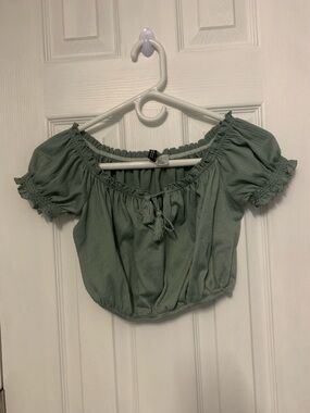Divided Sage Green Off-Shoulder Smocked Crop Top